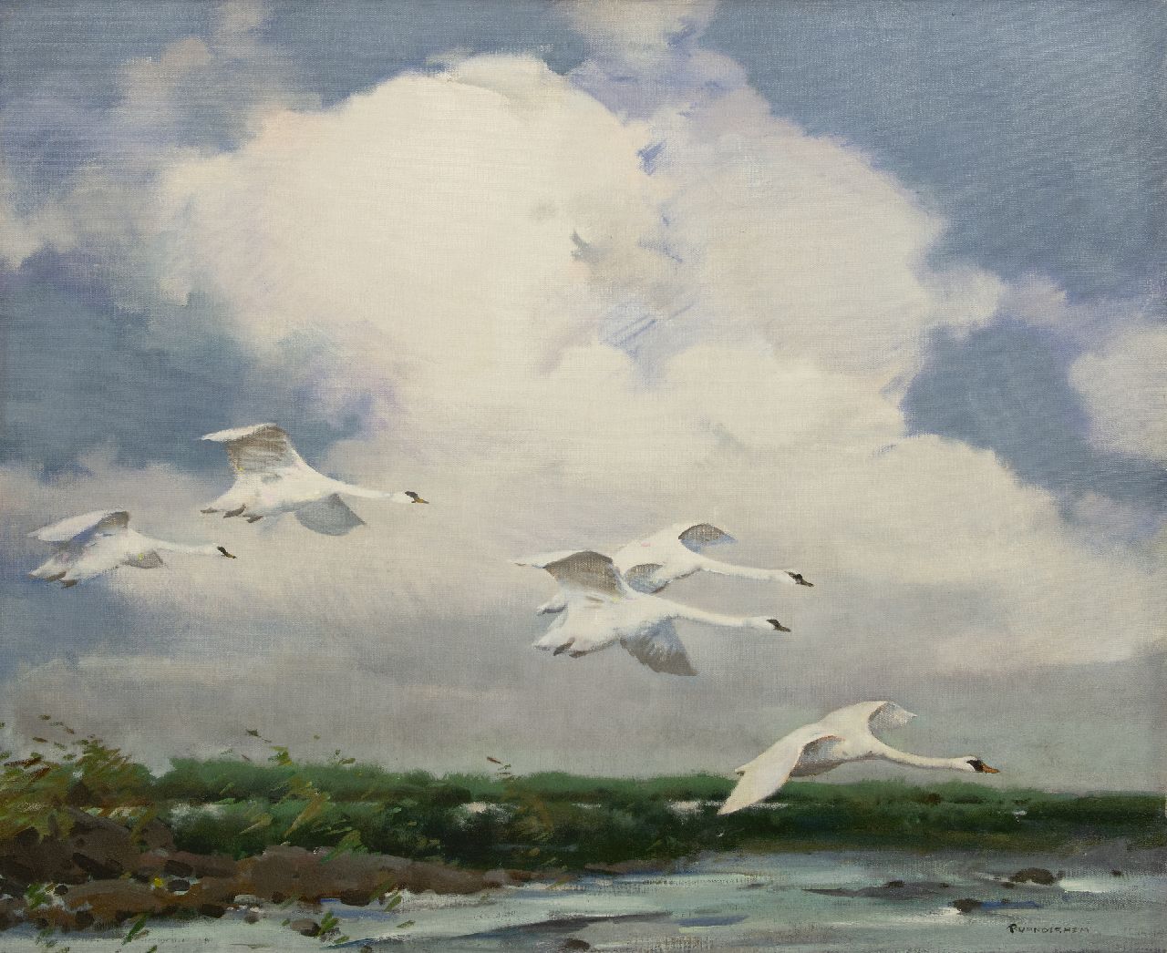 Hem P. van der | Pieter 'Piet' van der Hem, Flying swans above a lake, oil on canvas 101.2 x 123.2 cm, signed l.r.
