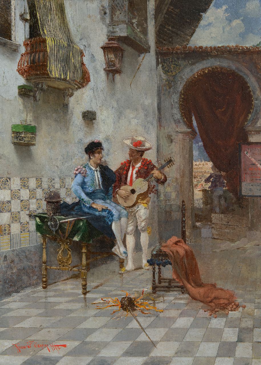Riccardo Pellegrini | Before the corrida, oil on canvas laid down on board, 54.4 x 39.5 cm, signed l.l. and dated 1890