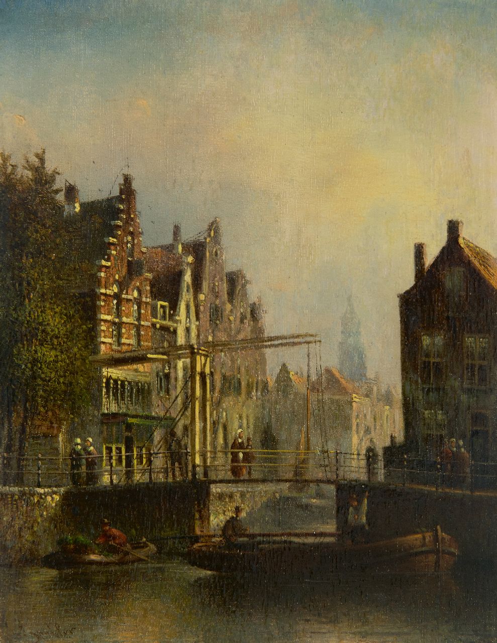 Spohler J.F.  | Johannes Franciscus Spohler | Paintings offered for sale | A Dutch town with a drawbridge, oil on panel 20.4 x 16.0 cm, signed l.l.