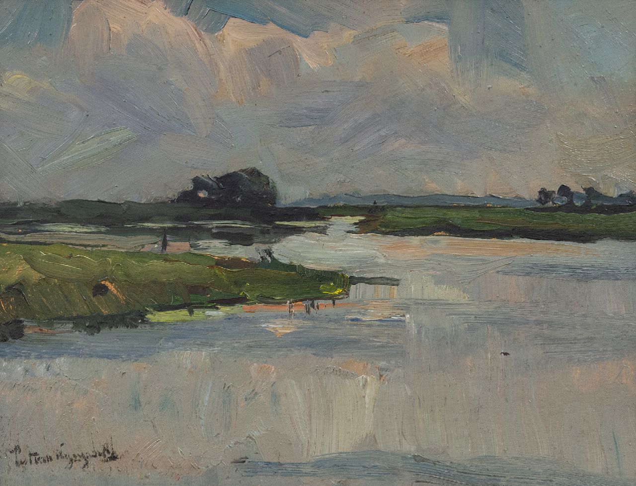 Wijngaerdt P.T. van | Petrus Theodorus 'Piet' van Wijngaerdt, A polder landscape, oil on board 37.0 x 50.4 cm, signed l.l. and painted before 1907