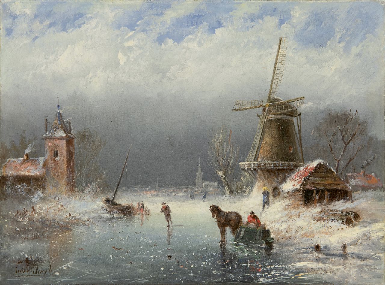 Kuijpers C.  | Cornelis Kuijpers, Skaters on a frozen waterway, oil on canvas 30.5 x 39.9 cm, signed l.l. and und ca. 1890