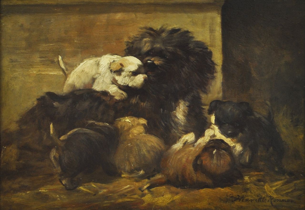 Ronner-Knip H.  | Henriette Ronner-Knip, Dogs, oil on panel 28.0 x 39.5 cm, signed l.r.