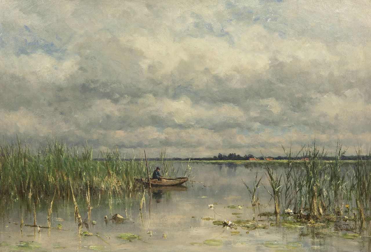 Roelofs W.  | Willem Roelofs, Angler on a lake near Noorden, oil on canvas 68.3 x 100.2 cm, signed l.l. and painted ca. 1880-1888
