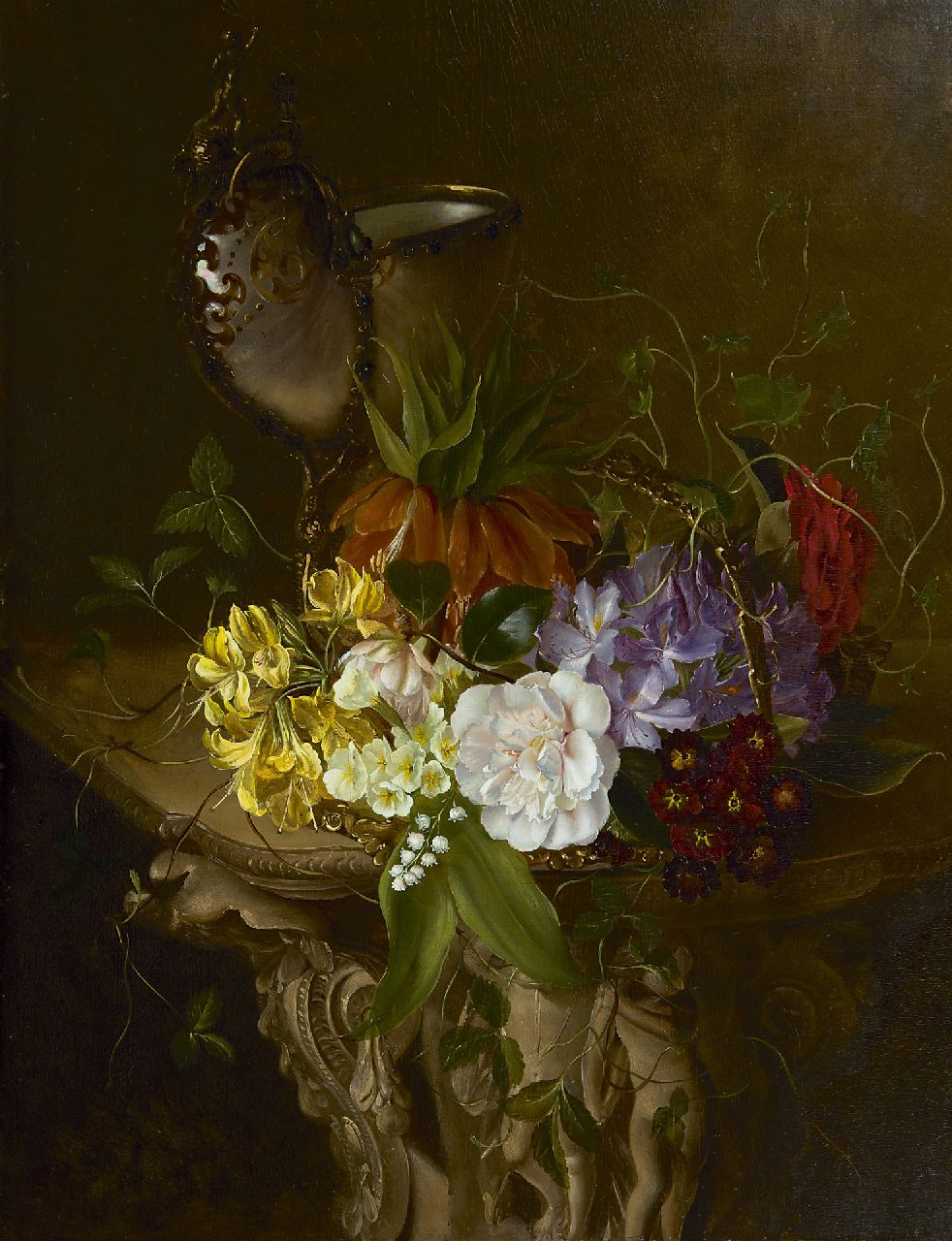 Schot F.L.  | Francina Louise Schot, A still life with flowers and nautilus cup, oil on panel 61.6 x 46.9 cm