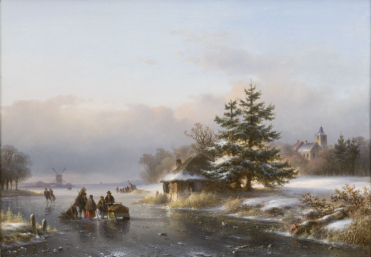 Kleijn L.J.  | Lodewijk Johannes Kleijn, A winter landscape with figures and skaters on the ice, oil on panel 29.6 x 40.5 cm, signed l.r.