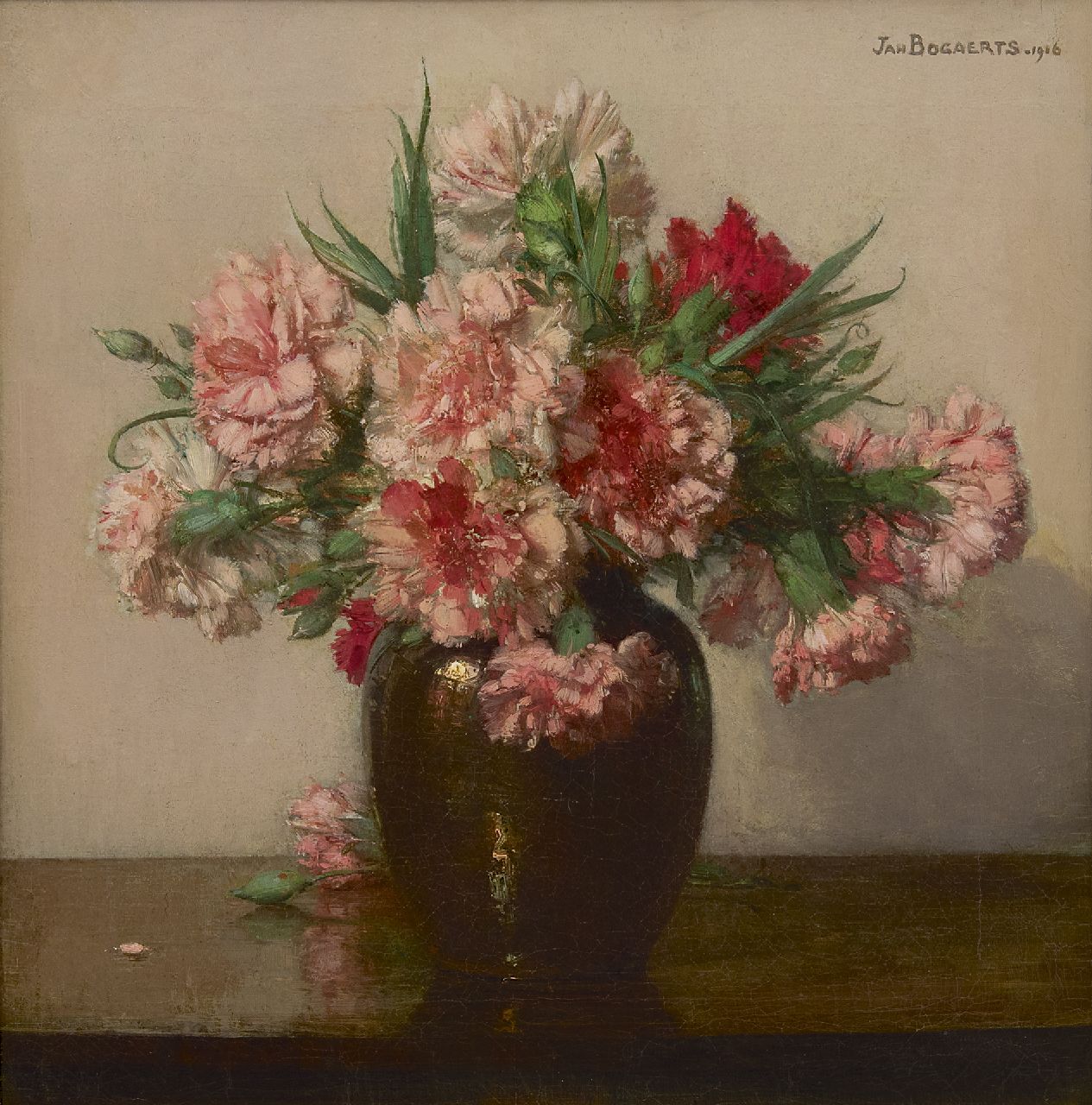 Bogaerts J.J.M.  | Johannes Jacobus Maria 'Jan' Bogaerts, Pink carnations, oil on canvas 39.6 x 38.5 cm, signed u.r. and dated 1916