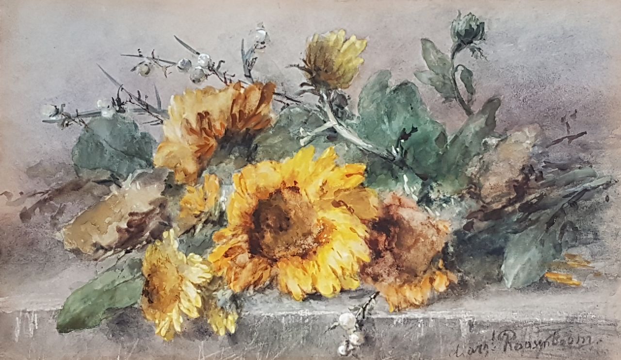 Roosenboom M.C.J.W.H.  | 'Margaretha' Cornelia Johanna Wilhelmina Henriëtta Roosenboom, Sunflowers on a stone ledge, watercolour on paper 44.3 x 74.8 cm, signed l.r.