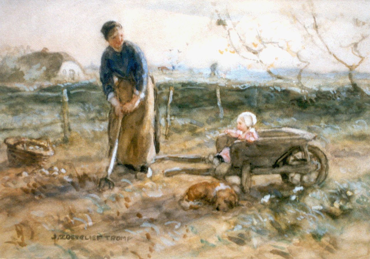 Zoetelief Tromp J.  | Johannes 'Jan' Zoetelief Tromp, Digging up potatoes, watercolour on paper 27.0 x 37.5 cm, signed l.l.