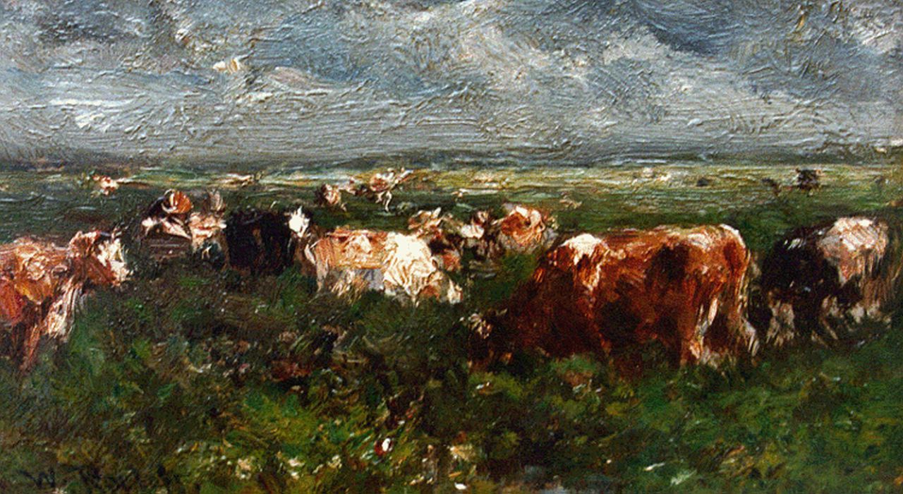 Roelofs W.  | Willem Roelofs, A landscape with cows grazing, oil on panel 7.5 x 12.4 cm, signed l.l.