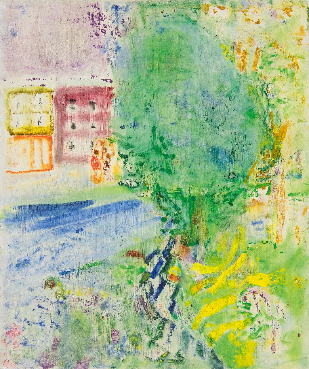 Hansen J.G.  | Jacob Gerard 'Job' Hansen, Hauses, children; tree and water, with petrol diluted oil paint on panel 60.5 x 50.6 cm, signed on the reverse and dated on the reverse 18 and 19 mei 1951 and 1955