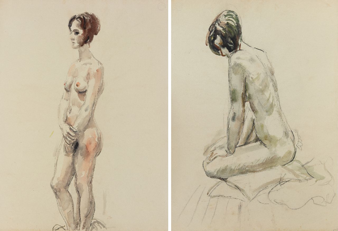 Dijkstra J.  | Johannes 'Johan' Dijkstra | Watercolours and drawings offered for sale | Standing nude, black chalk and watercolour on paper 62.7 x 46.6 cm