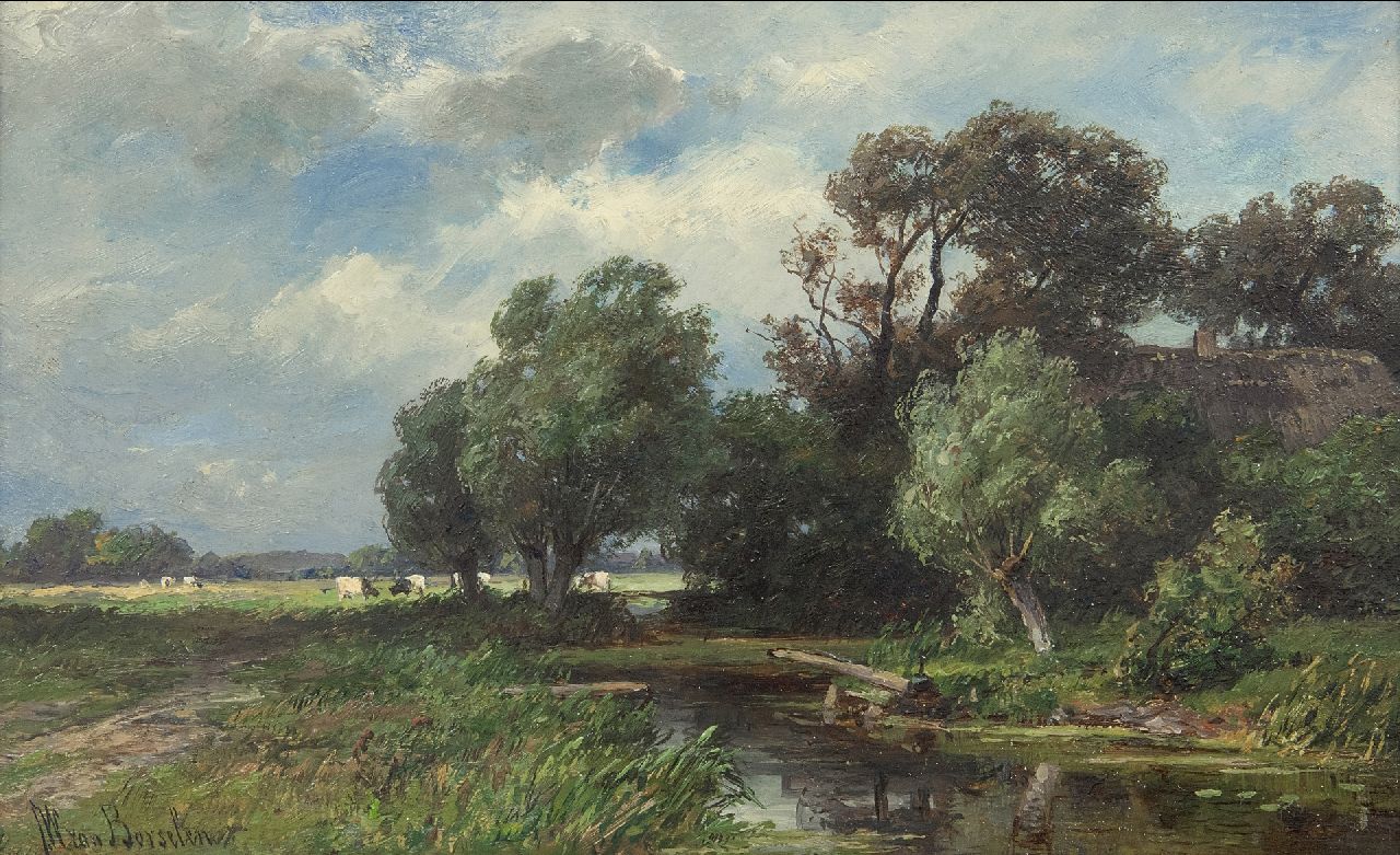 Borselen J.W. van | Jan Willem van Borselen, Grazing cattle in a polder landscape, oil on panel 18.0 x 29.0 cm, signed l.l.