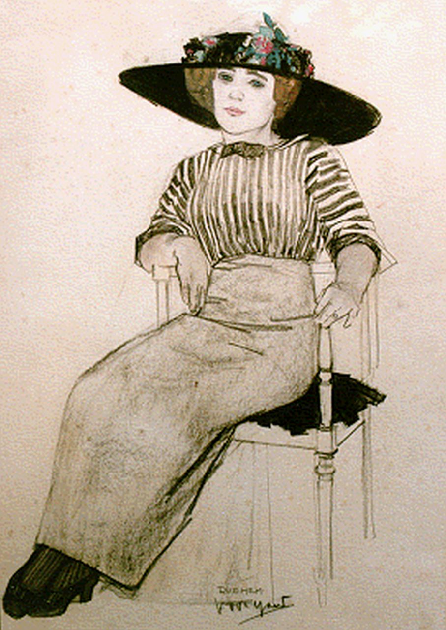Hem P. van der | Pieter 'Piet' van der Hem, An elegant lady in a chair, pencil and watercolour on paper 47.5 x 32.5 cm, signed l.c.