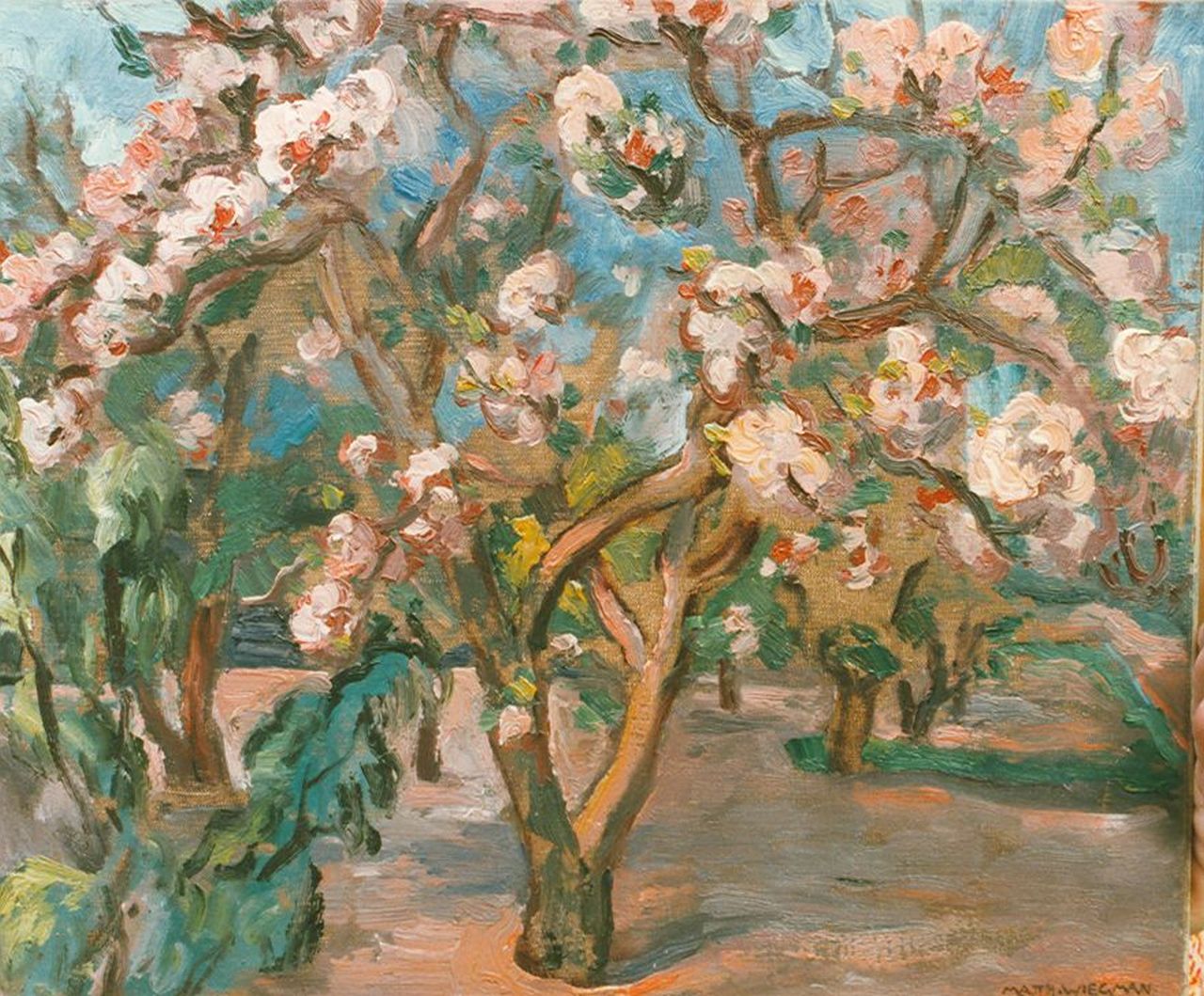 Wiegman M.J.M.  | Mattheus Johannes Marie 'Matthieu' Wiegman, An orchard in blossom, oil on canvas 38.0 x 46.0 cm, signed l.r.