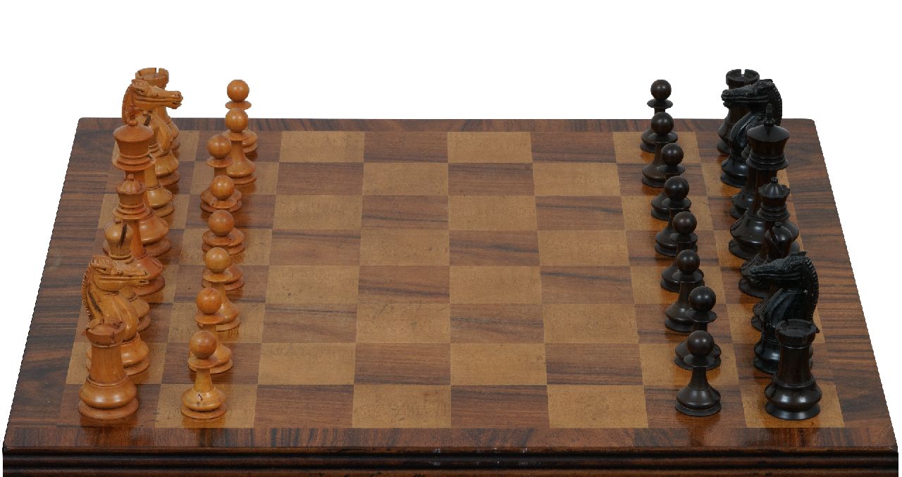 Schaakset, opbergdoos   | Schaakset, opbergdoos | Sculptures and objects offered for sale | A Staunton pattern boxwood and ebony chess set, together with a mahogany box, palmwood and ebony 8.7 x 4.5 cm, late 19th century