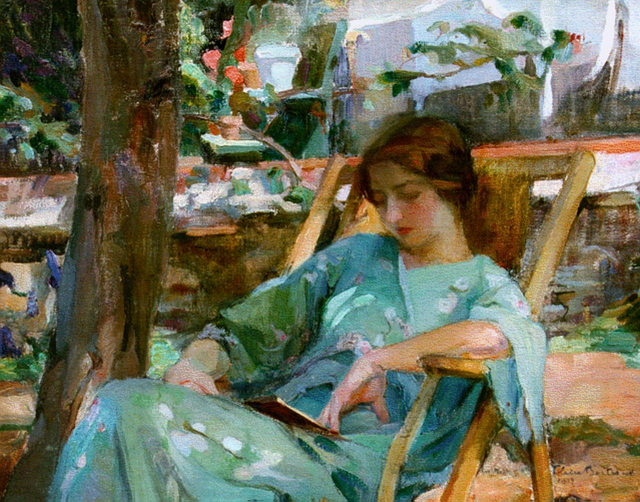 Claire Bertrand | An elegant lady reading, oil on canvas, 54.2 x 65.0 cm, signed l.r. and dated 1912