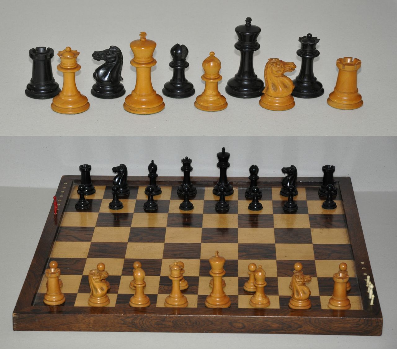 Schaakset, opbergdoos   | Schaakset, opbergdoos | Sculptures and objects offered for sale | Staunton chess set with box and a chess board 67 x 67 cm, palm, ebony, rose and mahogany 11.0 x 5.4 cm, signed stamped 'Jaques London' on white king and 1852-1855