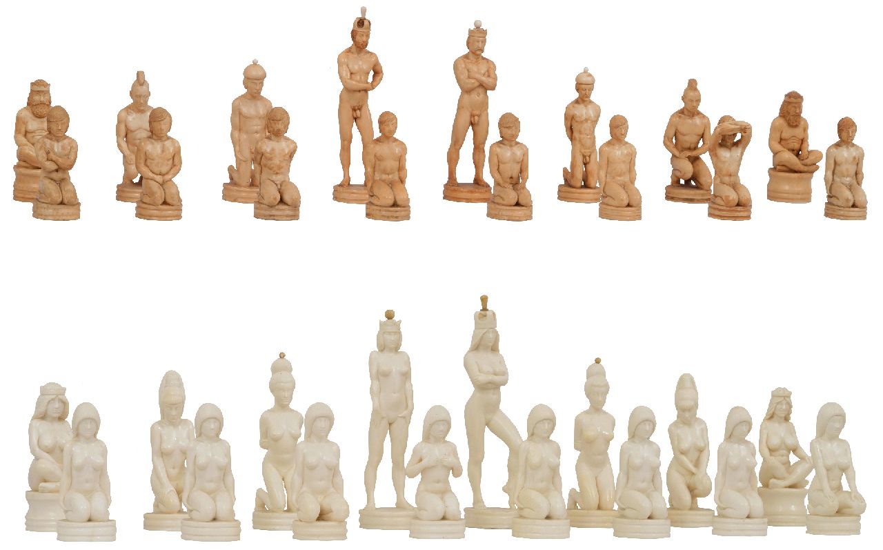 Raikis O.  | Oleg Raikis | Sculptures and objects offered for sale | Russian chess set Men/Women, mammoth ivory 14.0 x 7.5 cm, signed signed under white and black king and dated 1998 under white and black king