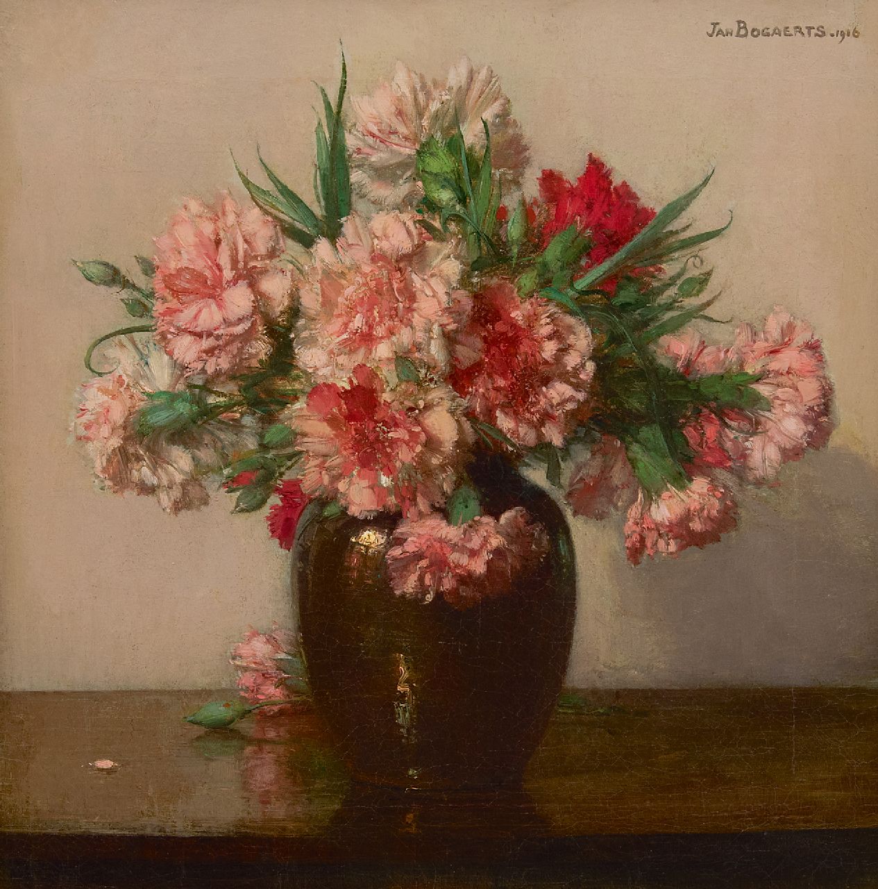 Bogaerts J.J.M.  | Johannes Jacobus Maria 'Jan' Bogaerts | Paintings offered for sale | Pink carnations, oil on canvas 39.6 x 38.5 cm, signed u.r. and dated 1916