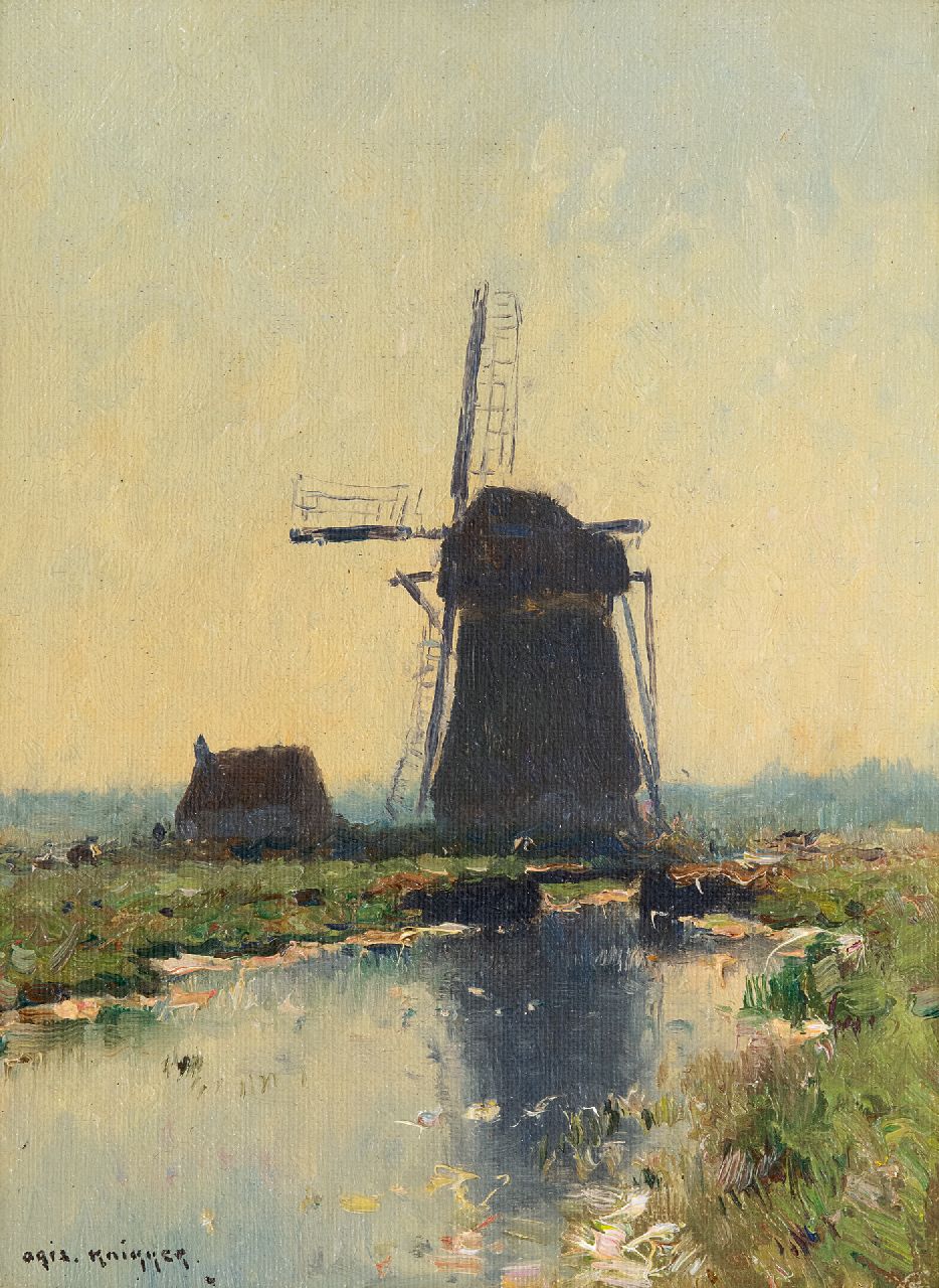 Knikker A.  | Aris Knikker, Polderlandscape with mill, oil on canvas 24.2 x 18.3 cm, signed l.l.