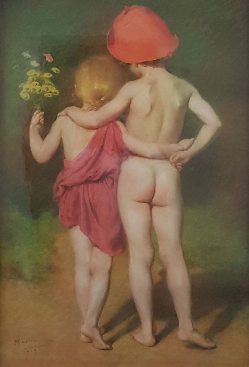 Charles Moulin | L'Amour au Biberon, pastel on paper, 104.3 x 66.5 cm, signed l.l. and dated 1913