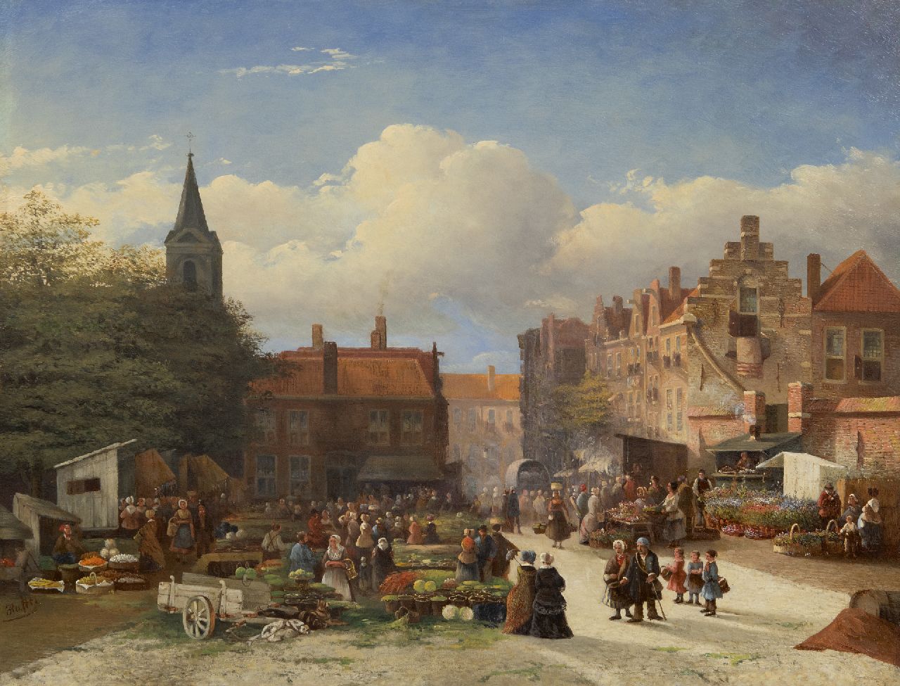 Bles J.  | Joseph Bles, A vegetable and flower market in a Dutch town, oil on panel 45.3 x 58.8 cm, signed l.l. and dated '51