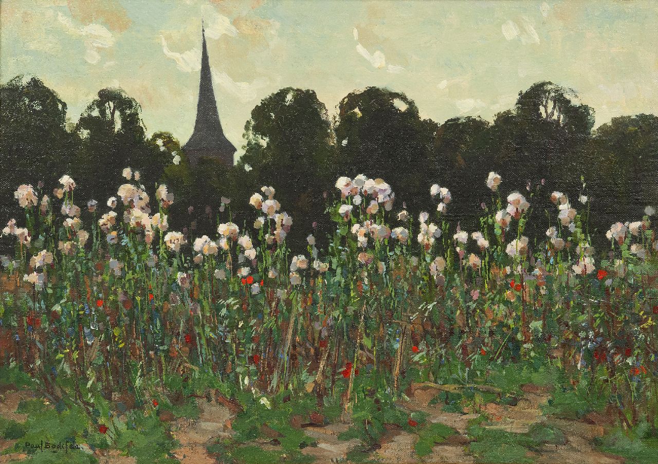 Bodifée J.P.P.  | Johannes Petrus Paulus 'Paul' Bodifée | Paintings offered for sale | A field of faded thistles near a church, oil on canvas laid down on board 33.1 x 46.5 cm, signed l.l.