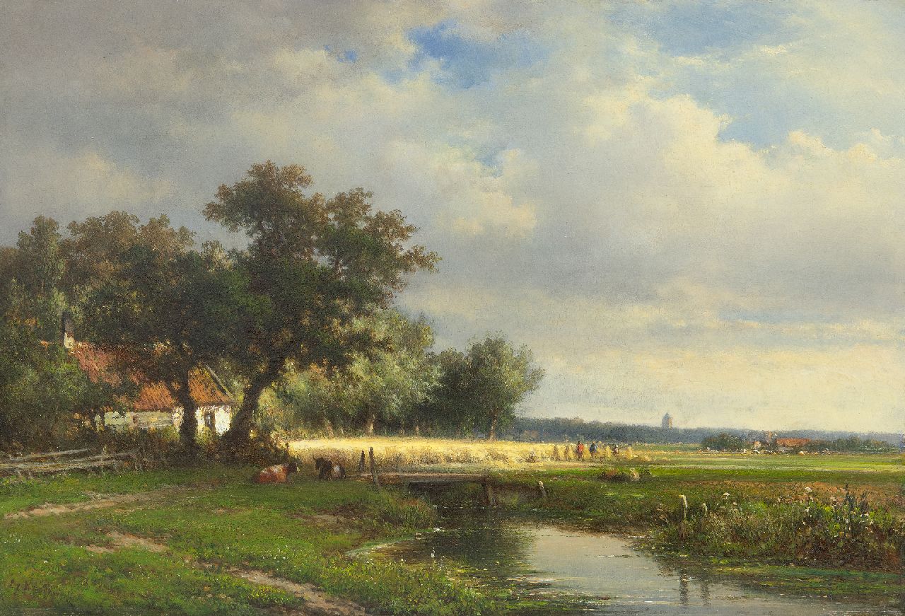 Kleijn L.J.  | Lodewijk Johannes Kleijn, Summer landscape with figures in a cornfield, oil on panel 34.3 x 49.9 cm, signed l.l.