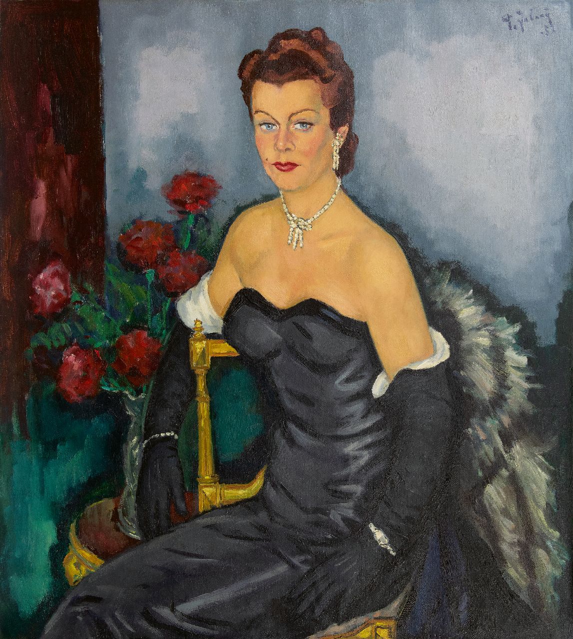 Pleun Jabaaij | Portrait of a lady in evening wear, oil on canvas, 100.0 x 99.8 cm, signed u.r. and dated '52