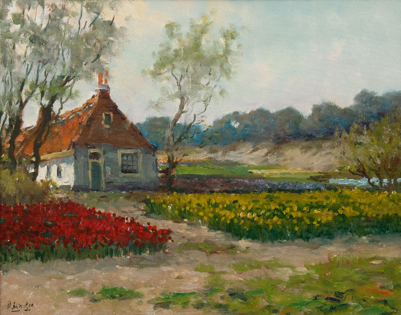 Winter L. de | Leonardus 'Leo' de Winter, Farm with bulbfields behind the dunes, oil on canvas 39.8 x 50.1 cm, signed l.l.