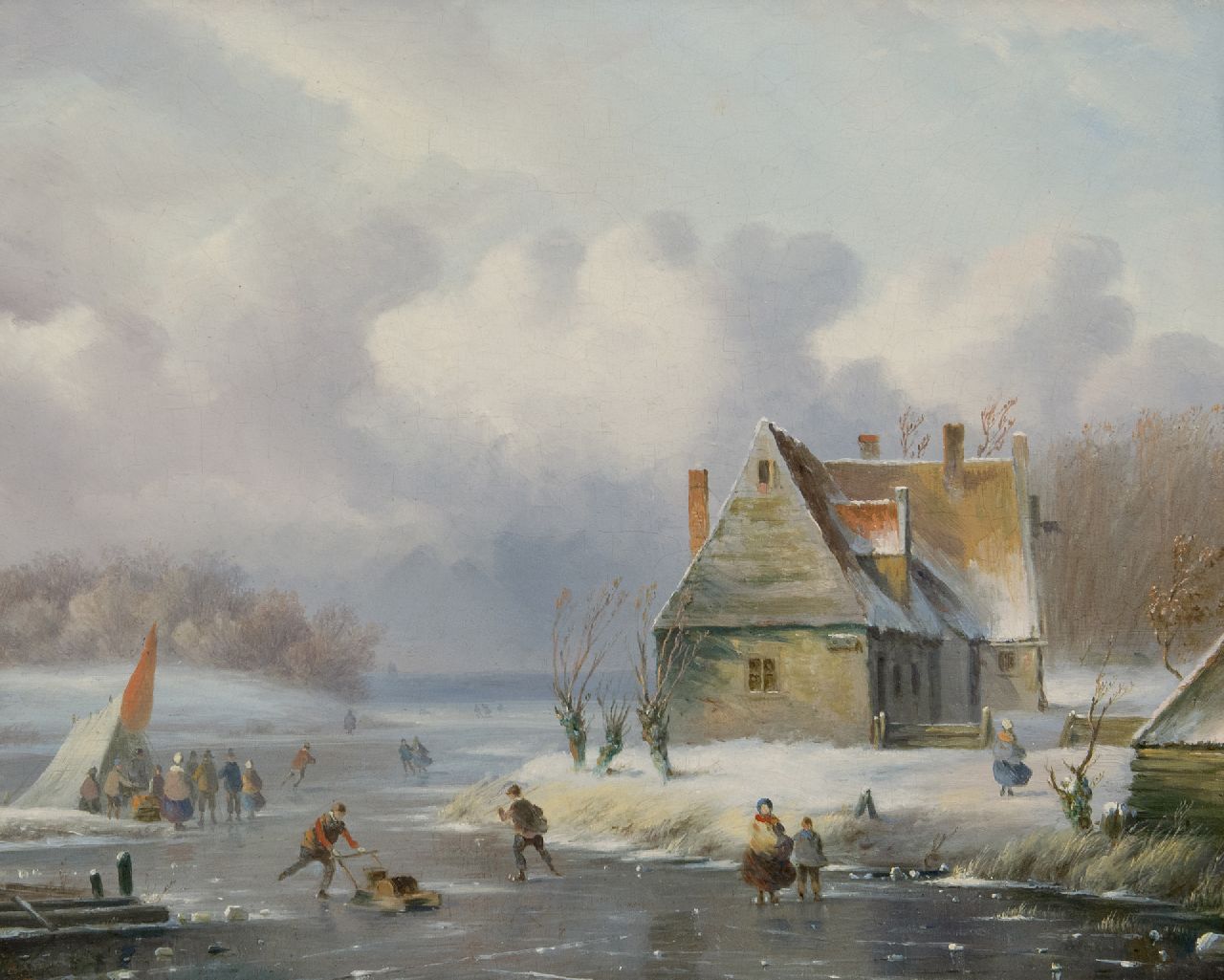 Ahrendts C.E.  | Carl Eduard Ahrendts, A winter landscape with skaters, oil on panel 28.7 x 35.1 cm, signed l.l.