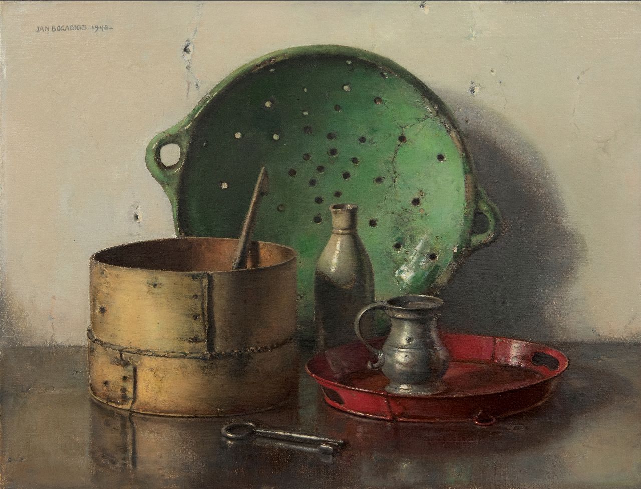 Bogaerts J.J.M.  | Johannes Jacobus Maria 'Jan' Bogaerts, Still life with a green strainer, oil on canvas 50.2 x 66.1 cm, signed u.l. and dated 1948