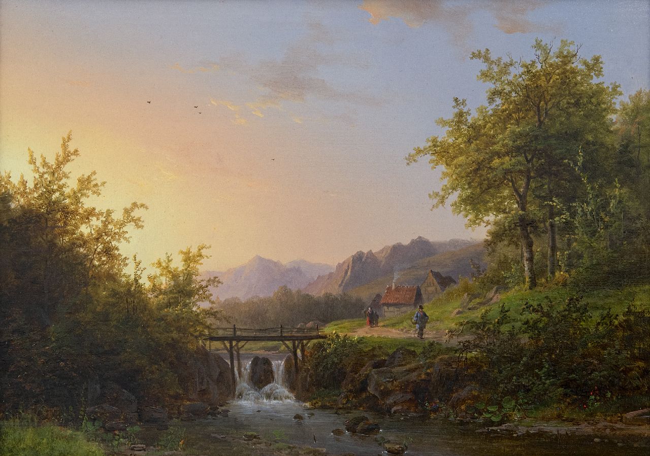 Klombeck J.B.  | Johann Bernard Klombeck | Paintings offered for sale | Summer landscape with a stream, oil on panel 29.7 x 41.1 cm, signed l.r. and dated 1847