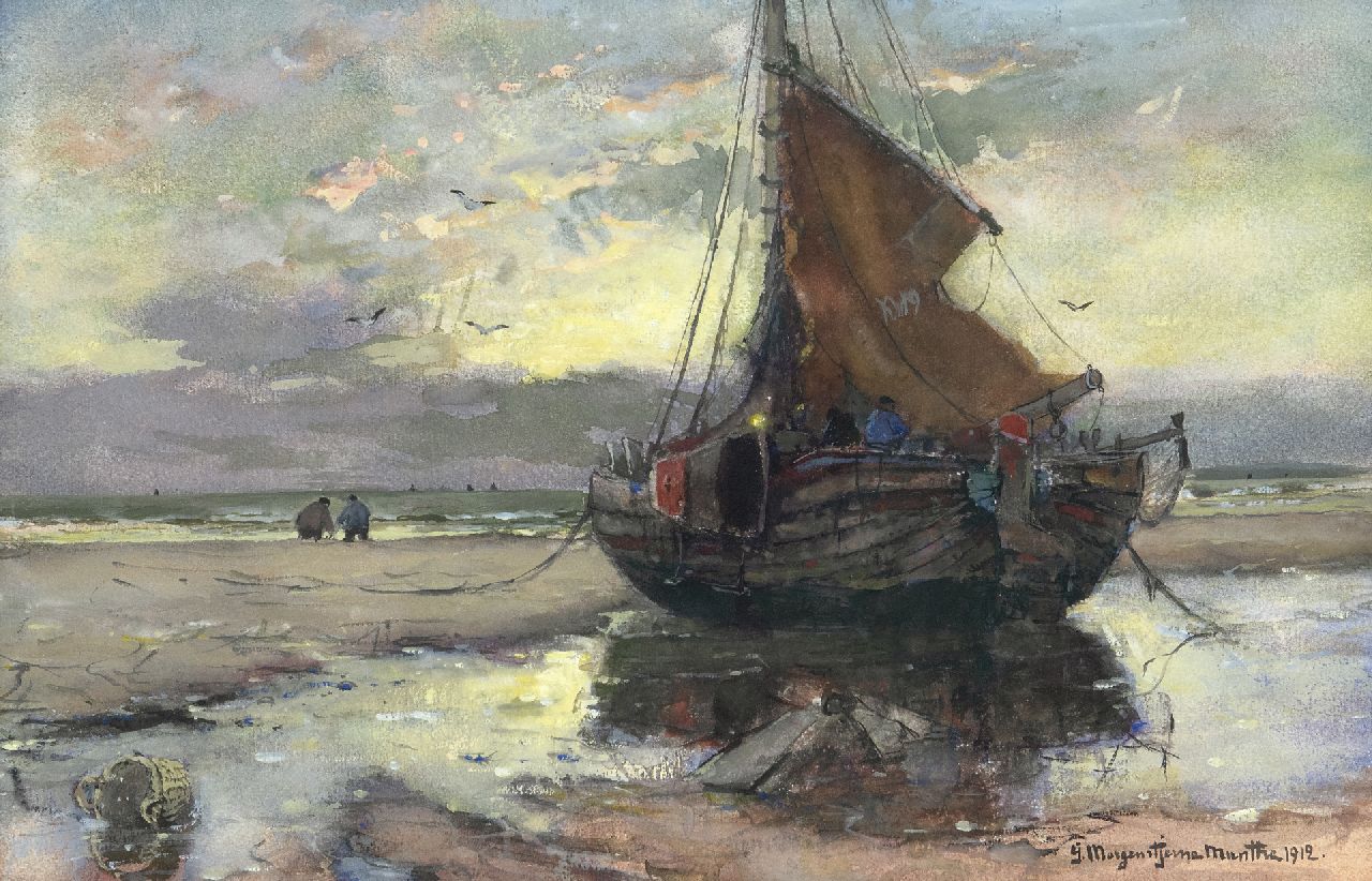 Munthe G.A.L.  | Gerhard Arij Ludwig 'Morgenstjerne' Munthe, Fishing vessel on the beach, watercolour and gouache on paper 32.3 x 49.5 cm, signed l.r. and dated 1912
