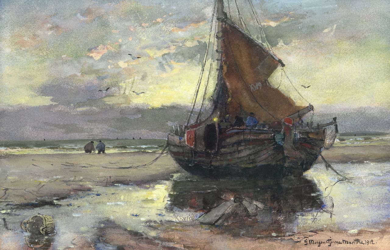 Munthe G.A.L.  | Gerhard Arij Ludwig 'Morgenstjerne' Munthe | Watercolours and drawings offered for sale | Fishing vessel on the beach, watercolour and gouache on paper 32.3 x 49.5 cm, signed l.r. and dated 1912