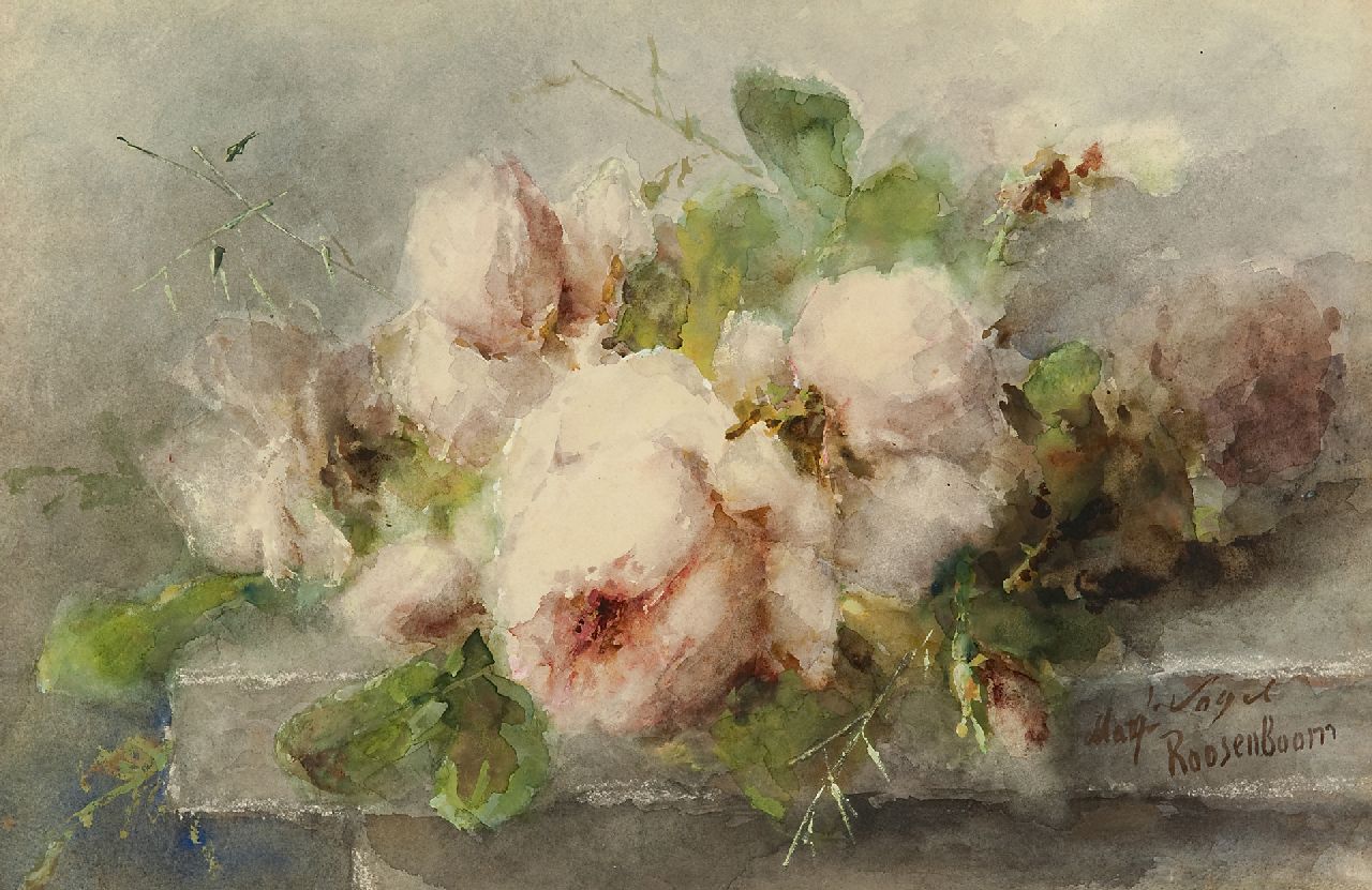 Roosenboom M.C.J.W.H.  | 'Margaretha' Cornelia Johanna Wilhelmina Henriëtta Roosenboom | Watercolours and drawings offered for sale | Pink roses on a stone ledge, watercolour and gouache on paper 35.1 x 53.3 cm, signed l.r.