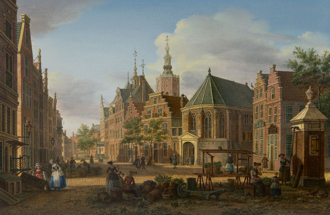 Fargue P.C. la | Paulus Constantijn la Fargue, A view of the Groenmarkt, The Hague, oil on panel 22.7 x 34.5 cm, signed l.r. and painted ca. 1770