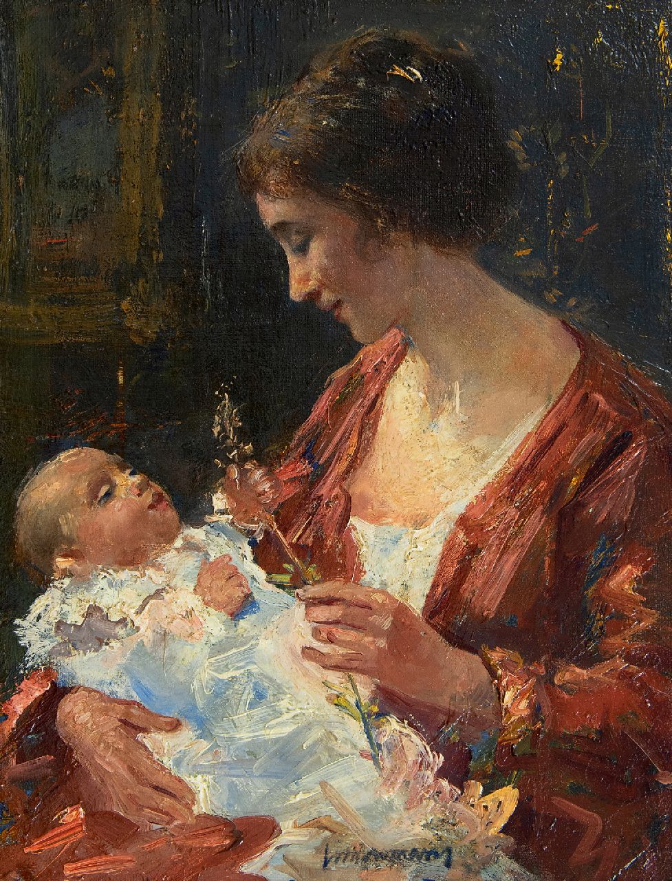 Maris S.W.  | Simon Willem Maris, Mother and child, oil on canvas 29.0 x 22.5 cm, signed l.c.