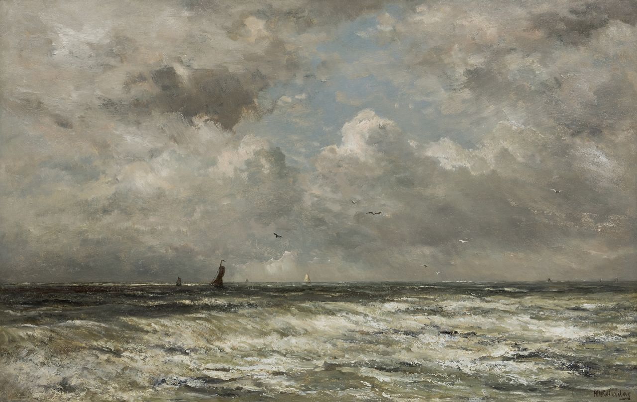 Mesdag H.W.  | Hendrik Willem Mesdag | Paintings offered for sale | The North Sea with fishing boats in the distance, oil on panel 69.7 x 109.0 cm, signed l.r.