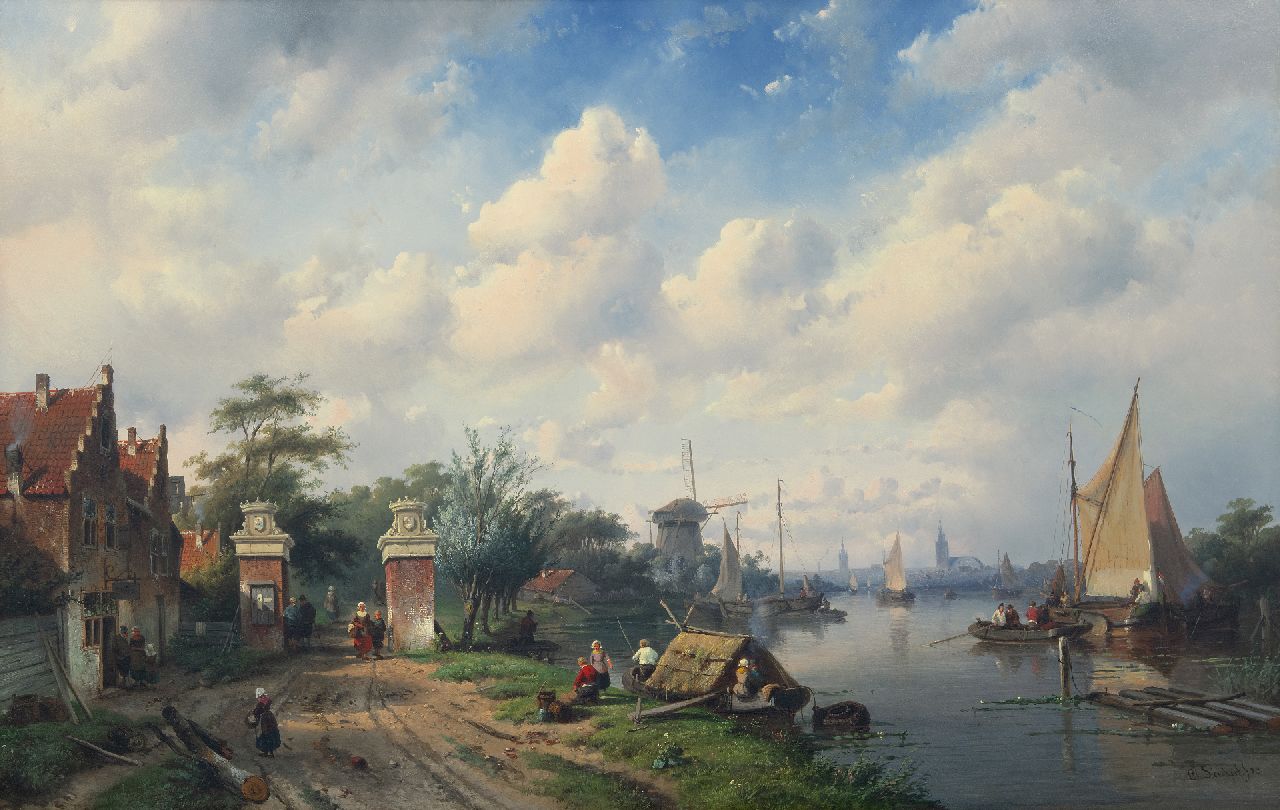 Leickert C.H.J.  | 'Charles' Henri Joseph Leickert, Sunny river scene with tollgate in Oegstgeest, oil on panel 65.4 x 103.0 cm, signed l.r. and dated '53