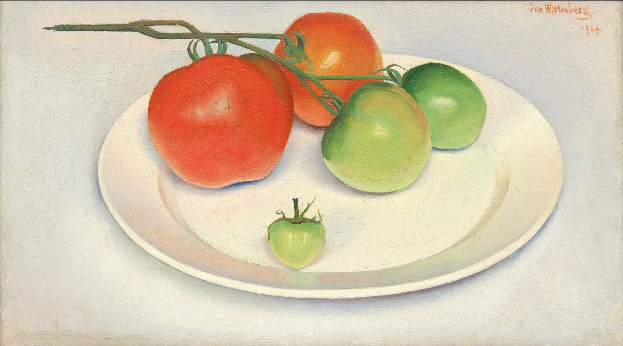 Wittenberg J.H.W.  | 'Jan' Hendrik Willem Wittenberg, Plate with tomatoes, oil on canvas laid down on panel 15.3 x 26.7 cm, signed u.r. and dated 1929