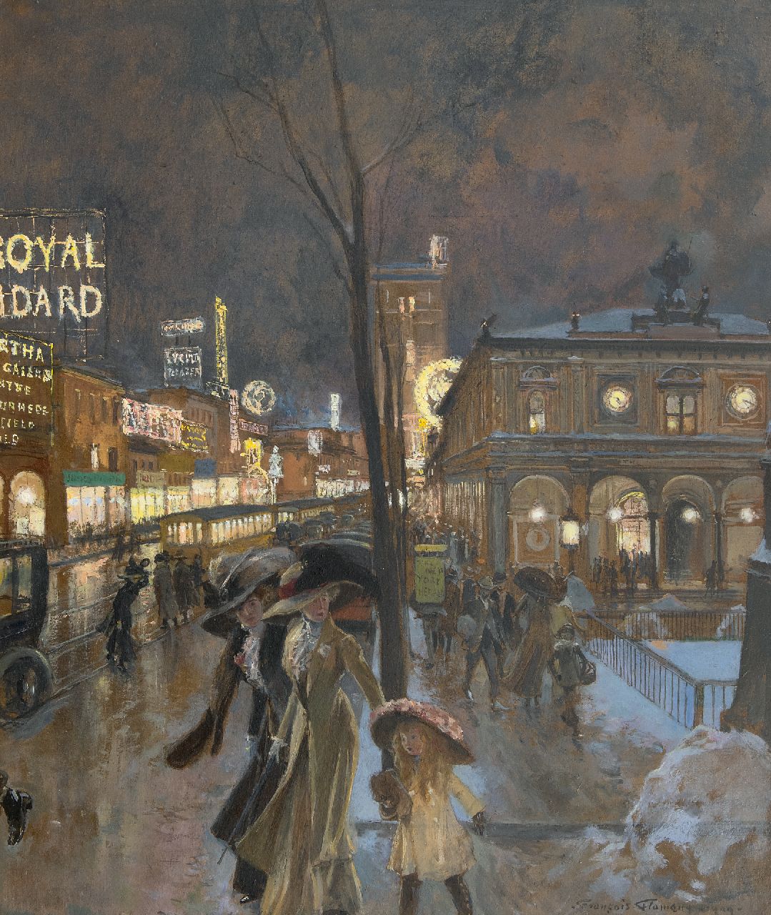 Flameng F.  | François Flameng, A winter evening in a crowded Herald Square at the New York Herald Building, oil on board 62.4 x 52.4 cm, signed l.r. and dated 1909