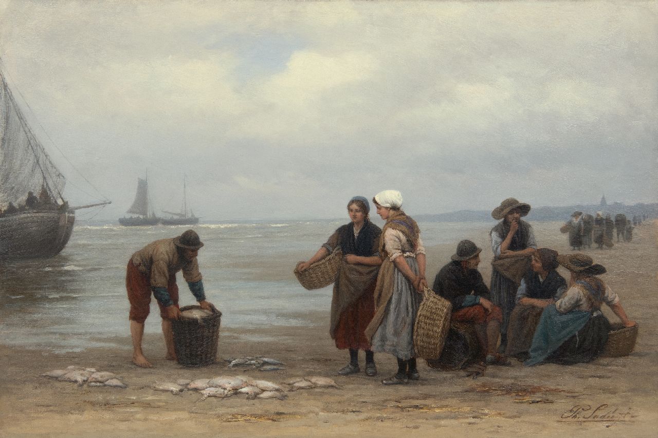 Sadée P.L.J.F.  | Philip Lodewijk Jacob Frederik Sadée, Selling fish on the beach of Scheveningen, oil on canvas 49.9 x 75.0 cm, signed l.r.