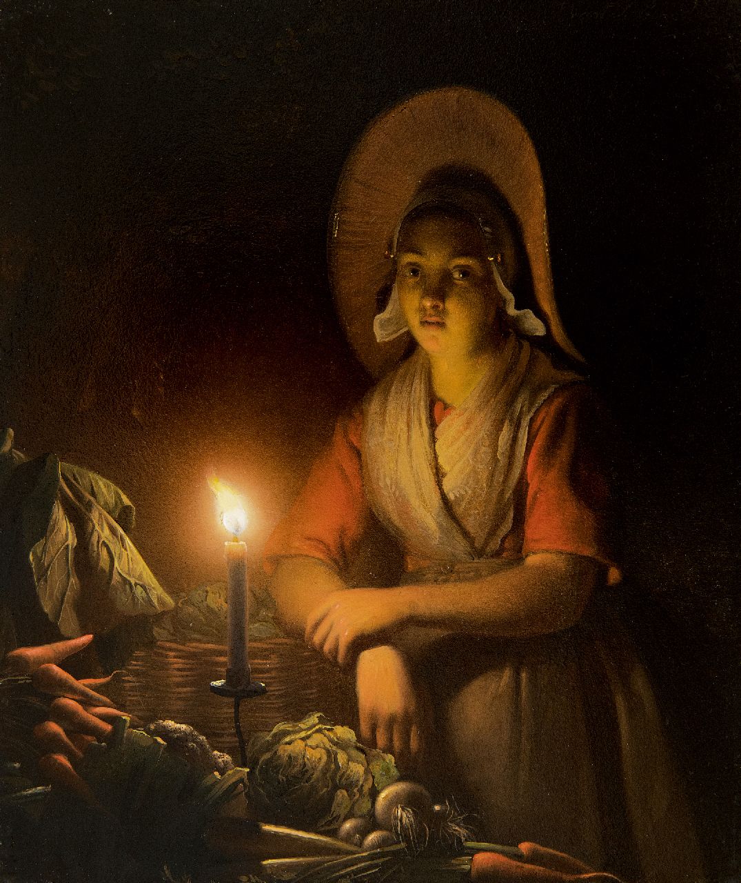Schendel P. van | Petrus van Schendel, Vegetable seller by candle light, oil on panel 19.4 x 16.5 cm, signed u.r. and on the reverse and dated u.r. and on the reverse 1842