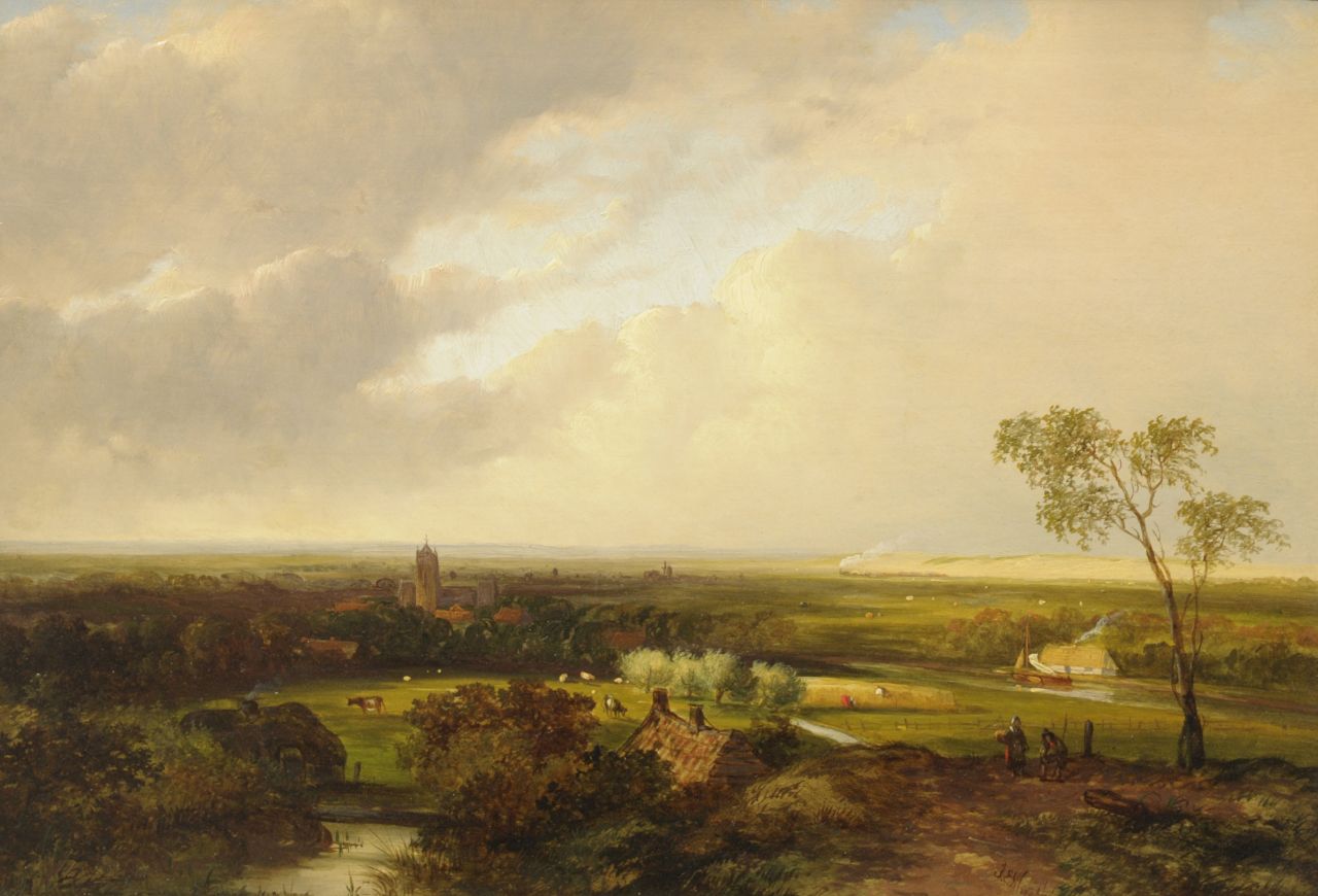 Morel II J.E.  | Jan Evert Morel II, A panoramic view of a summer landscape with a steam-train, oil on panel 24.8 x 35.8 cm, signed l.r.