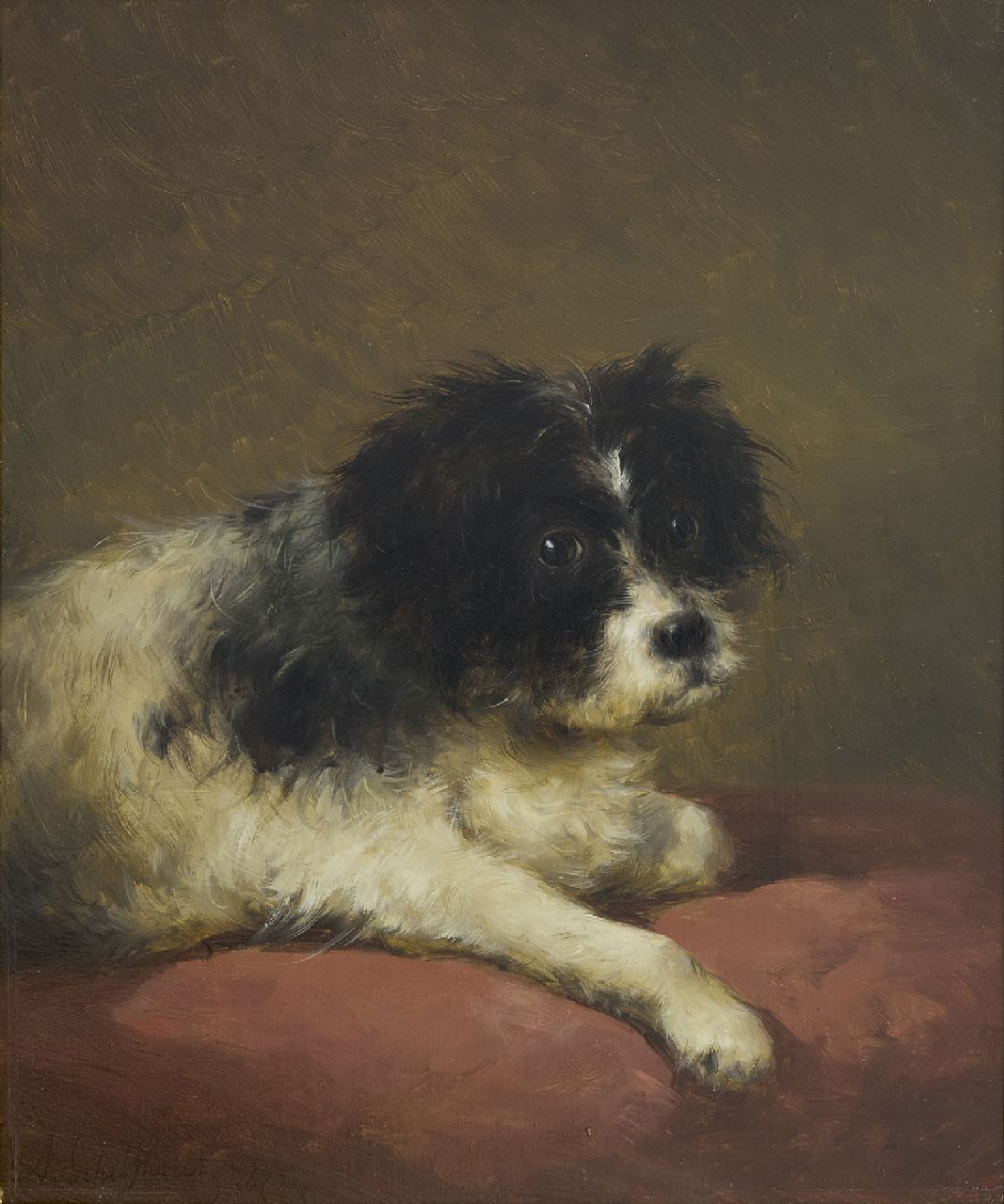 Schelfhout A.  | Andreas Schelfhout, A portrait of a dog lying on a red cushion, oil on panel 32.1 x 27.3 cm, signed l.l. and dated '47