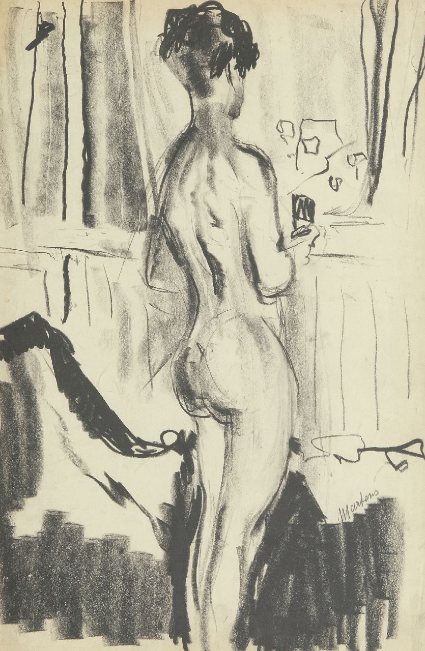 Martens G.G.  | Gijsbert 'George' Martens, Nude, seen from the back, in the artist's studio, black chalk on paper 48.0 x 32.5 cm, signed r.c. and painted ca. 1931