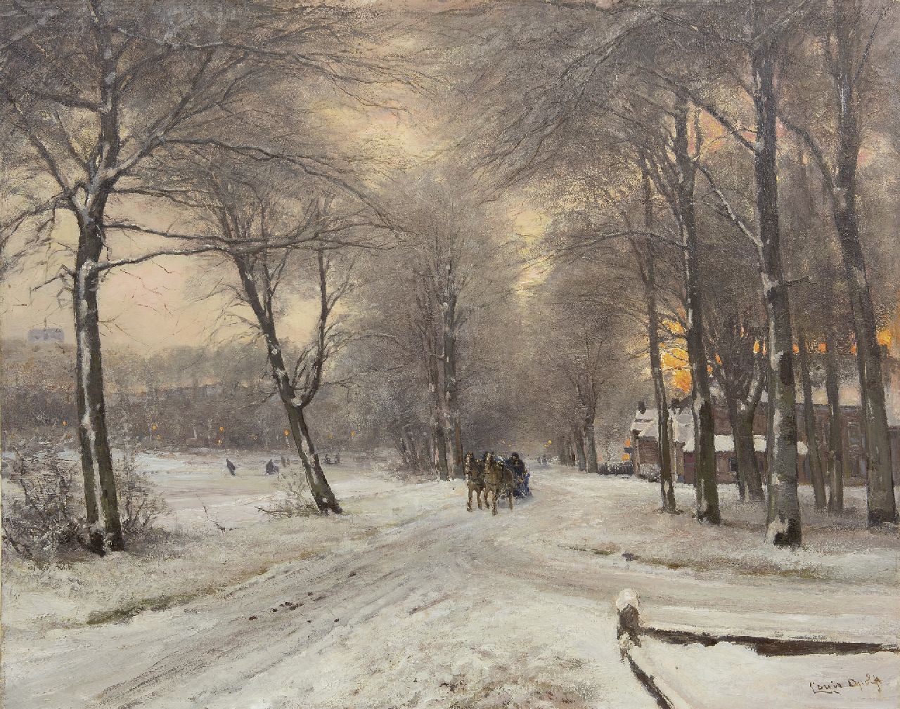 Apol L.F.H.  | Lodewijk Franciscus Hendrik 'Louis' Apol, A snowy forest with a sledge and skaters, oil on canvas 64.0 x 80.2 cm, signed l.r.