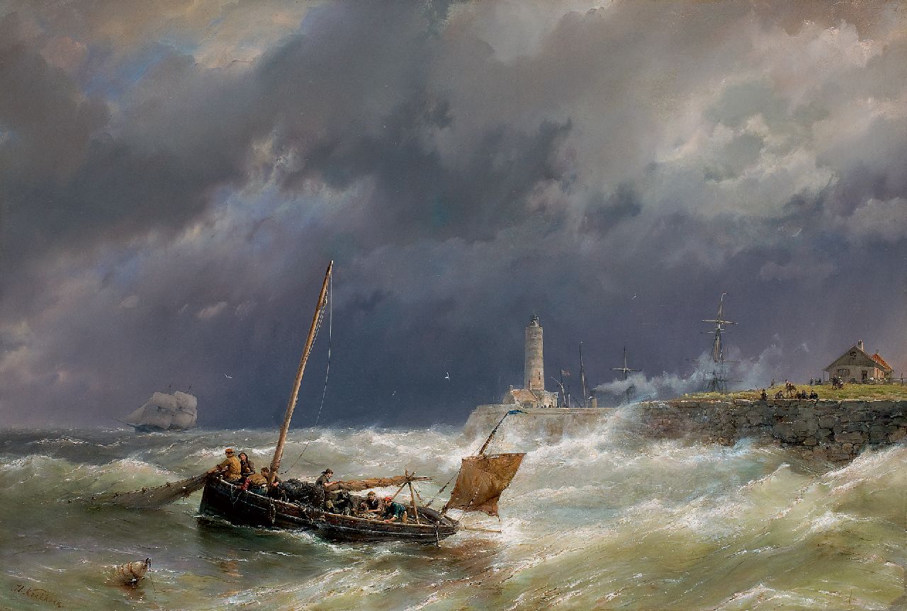 Koekkoek H.  | Hermanus Koekkoek, Gathering the nets on a stormy sea, oil on canvas 67.4 x 100.7 cm, signed l.l.