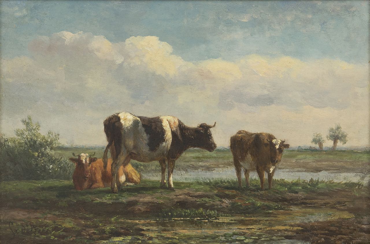 Berg S. van den | Simon van den Berg | Paintings offered for sale | Cattle in a polder landscape, oil on panel 17.6 x 26.0 cm, signed l.l.